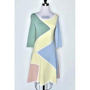 RET $1990 Paula Hian Halette Pastel Color Block Dress Small Yellow, Blue & Green